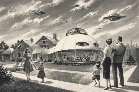 mmagine grafica della mostra liberamente ispirata a Case del futuro di Charles Schridde, 1962