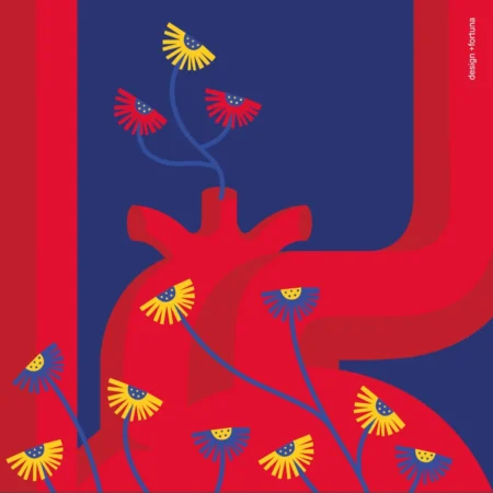 Una grafica con un vaso rosso su sfondo blu e fiori gialli rossi e blu