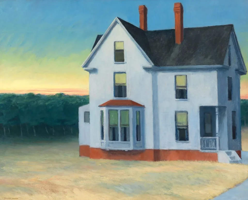 Una casa isolata all'alba in un dipinto di Edward Hopper